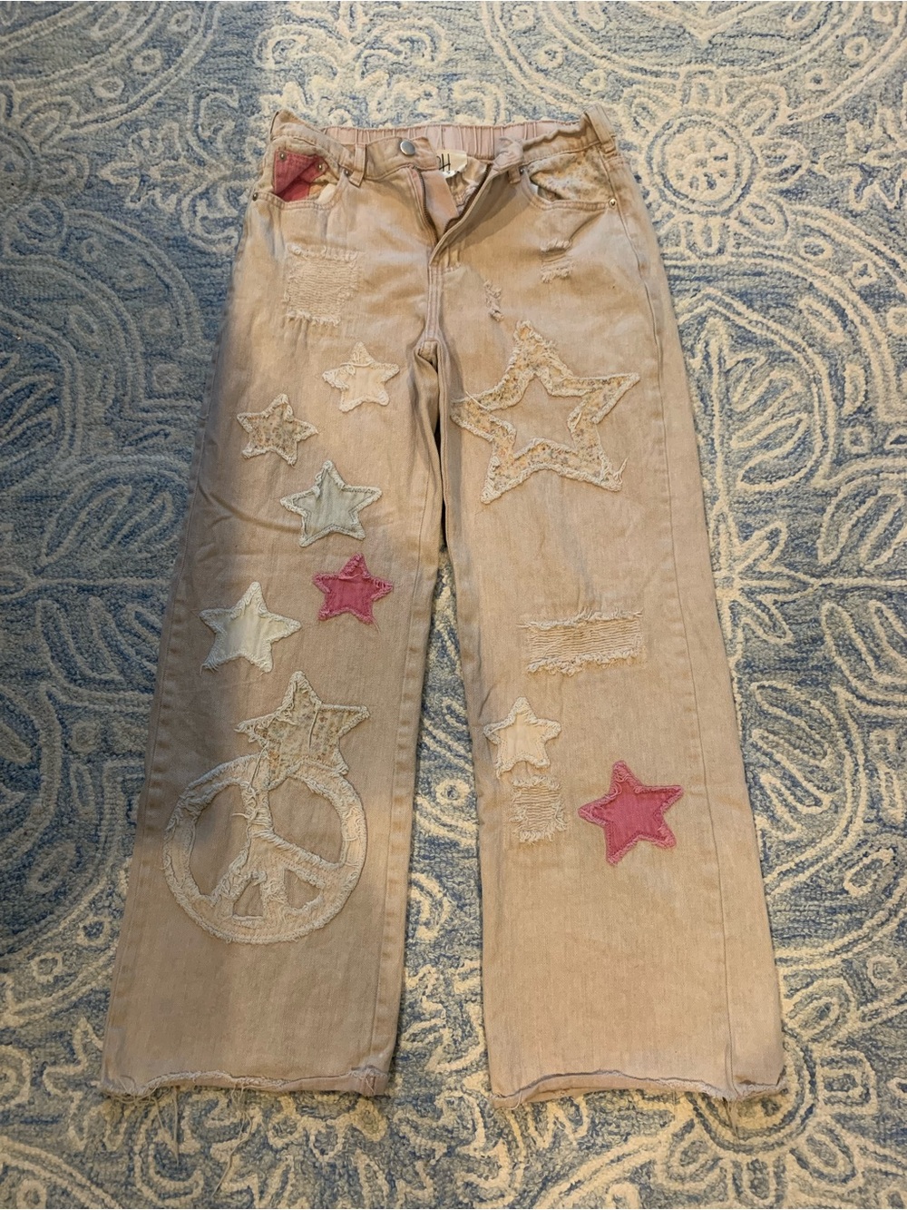 Oh jeans light beige pink color Flare Jeans with Star & Peace Patch Accents